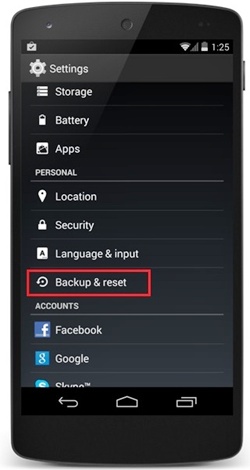 backup and reset option android